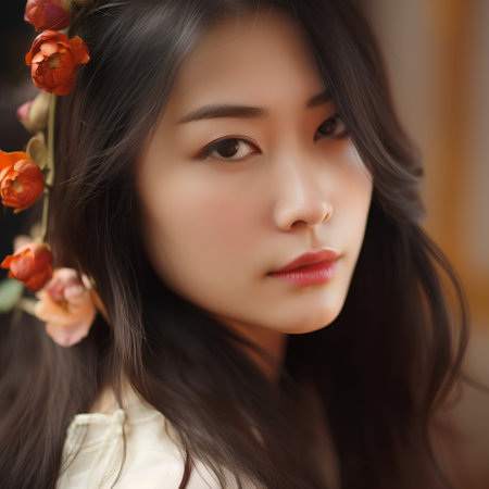 Beautiful asian woman with flowers in her hair, closeup portraitの素材