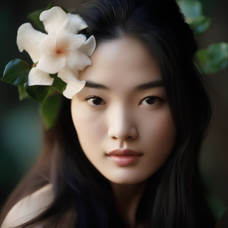 Portrait of beautiful asian woman with white flower in her hairの素材