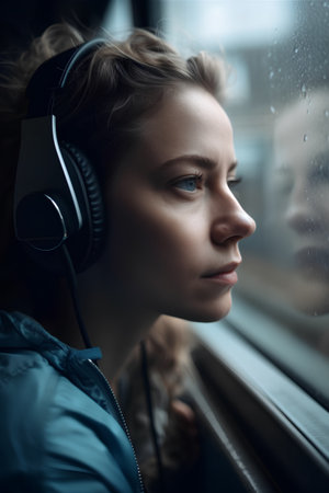 Portrait of young woman listening to music with headphones on the windowの素材