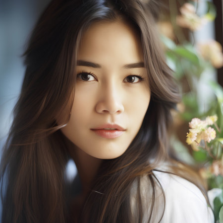 Portrait of a beautiful young asian woman with long brown hairの素材