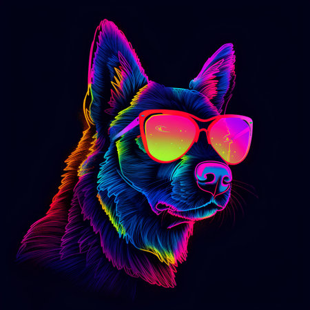 German shepherd dog with sunglasses in neon colors on a black background.の素材