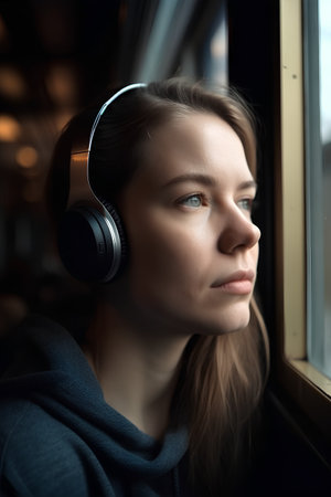 Young woman listening to music with headphones in a cafe, looking out the windowの素材