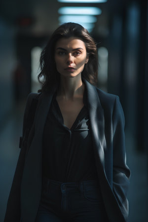 Fashion portrait of young beautiful brunette woman in dark coat.の素材