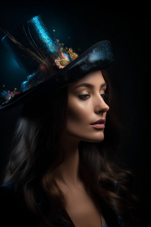 beautiful brunette woman in hat with magic wand on black backgroundの素材