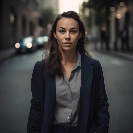 Portrait of a beautiful young woman in a business suit on the streetの素材