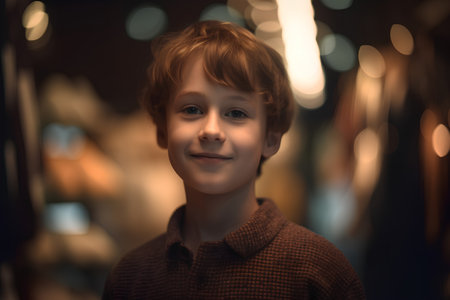 Portrait of a cute little boy at night in the city.の素材