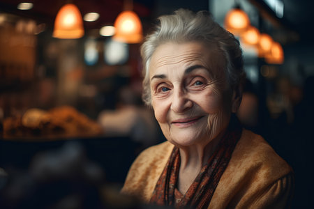 Portrait of a senior woman sitting in a cafe, smiling.の素材