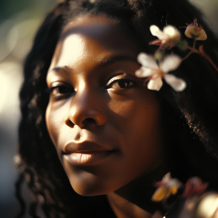 Portrait of beautiful african american woman with flowers in hairの素材