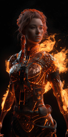 Cyborg woman with fire flames on black background. 3d renderingの素材