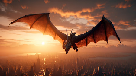 Fantasy dragon flying above the city at sunset, 3d renderの素材