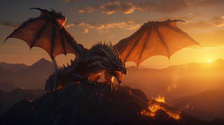 dragon on a background of the mountains. 3d render illustration.の素材