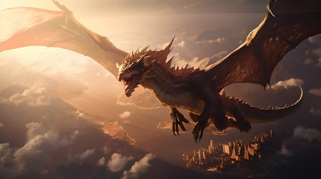 Dragon flying above the city. 3D render. Fantasy landscape.の素材