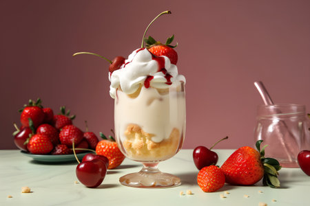 Delicious strawberry milkshake with whipped cream in glass on tableの素材