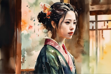 Watercolor painting of a beautiful asian woman in kimonoの素材