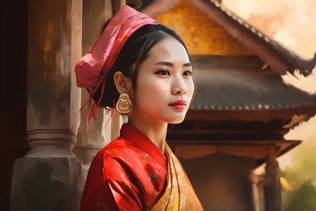 Beautiful asian woman in traditional costume at Bagan, Myanmarの素材