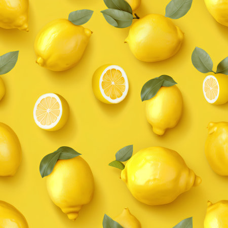 Creative pattern made of lemons with leaves on yellow background. Flat lay, top view minimal summer concept.の素材