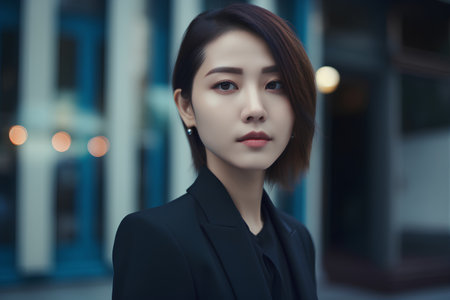 Portrait of a beautiful Asian woman in a black coat in the cityの素材