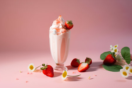 Strawberry milkshake with whipped cream and fresh strawberries on pink backgroundの素材