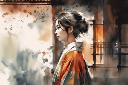 Digital painting of a young woman in a Japanese kimono.の素材