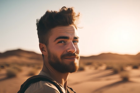 Handsome young man in the middle of the desert at sunsetの素材