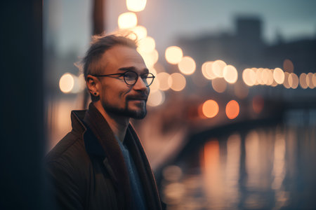 Portrait of a handsome bearded man in glasses and a brown coat on the background of the city.の素材