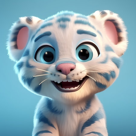 Funny white tiger with blue eyes on blue background - 3d renderの素材