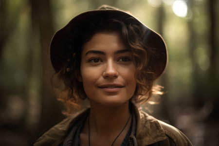 Portrait of a beautiful young woman in a hat in the forestの素材
