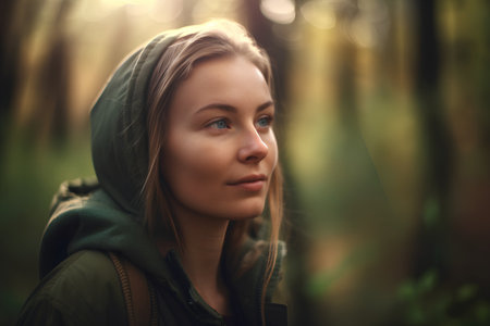 Portrait of a beautiful young woman in a green jacket in the forestの素材