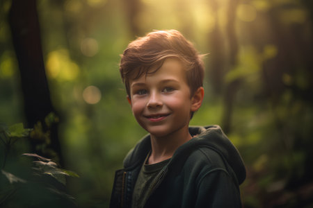 Portrait of a boy in the forest at sunset. Selective focus.の素材