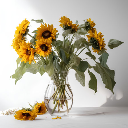 Sunflowers in a glass vase on a white background.の素材