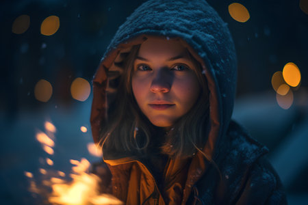 Beautiful young woman in winter forest with bonfire at night.の素材