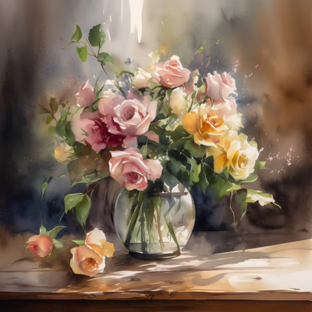 Bouquet of roses in a glass vase on the tableの素材
