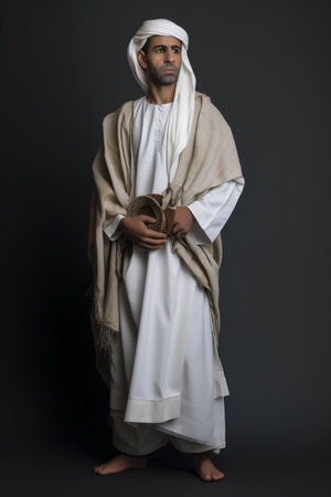 Portrait of a muslim man in traditional clothes on dark backgroundの素材