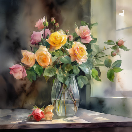 Bouquet of roses in a glass vase on the windowsillの素材