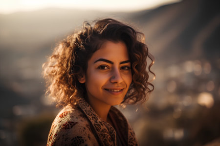 Portrait of a beautiful young woman with curly hair on the background of the mountainsの素材
