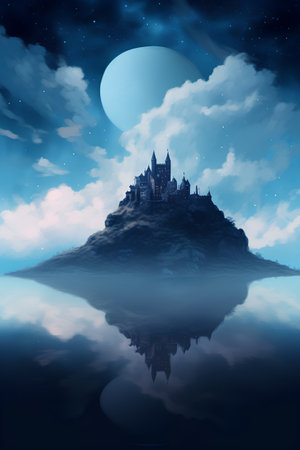 Fantasy landscape with castle on the hill and moon in the skyの素材