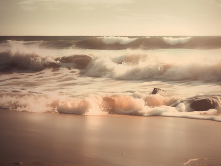 Beautiful seascape with waves and sand. Vintage style.の素材