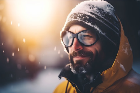 Portrait of a handsome man in winter hat and glasses on a snowy streetの素材
