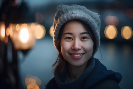 Portrait of a beautiful young asian woman in winter coat and hatの素材