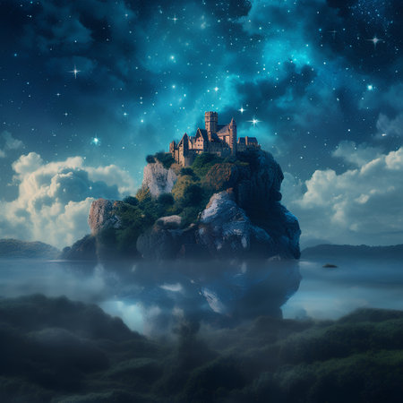 Fantasy landscape with castle on a rock in the night sky.の素材