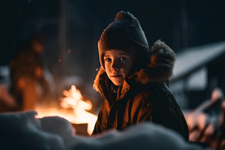 Portrait of a little boy in winter clothes looking at the fireの素材