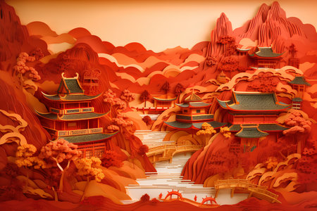 Fantasy landscape with ancient Chinese temple and mountains in paper cut style.の素材