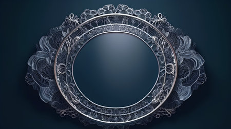 Vintage silver frame with lace pattern on a dark blue background.の素材