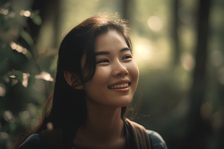 Portrait of a beautiful young asian woman smiling in the forestの素材
