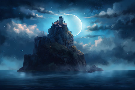 Fantasy landscape with castle on the rock in the sea at nightの素材