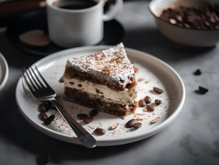 Tiramisu cake on a white plate with coffee, selective focusの素材