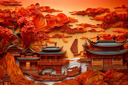 Chinese traditional buildings and pagodas on paper background, 3d illustrationの素材