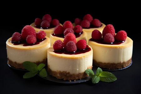 Cheesecake with raspberries and mint on a black backgroundの素材