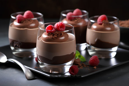 Chocolate mousse with raspberries in glasses, selective focusの素材