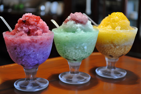 Colorful ice cream in glass on wooden table in coffee shop.の素材